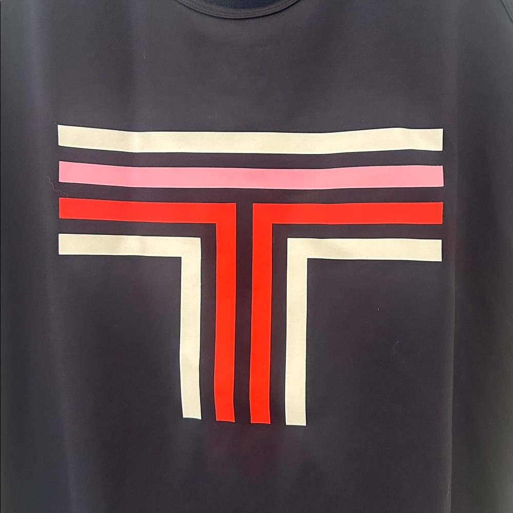 Tory Burch Navy Blue Racerback Tank with Red, Pink & White Logo Stripes - Picture 3 of 5